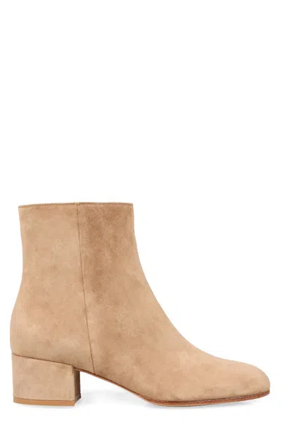 Gianvito Rossi Mid Block Heel Suede Ankle Boots In Beige