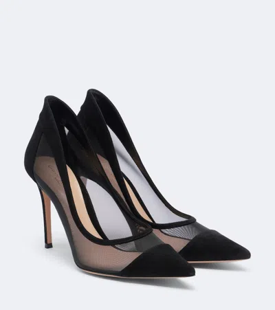 Gianvito Rossi Suede Mesh Pumps Pointed Toe Stiletto In Black