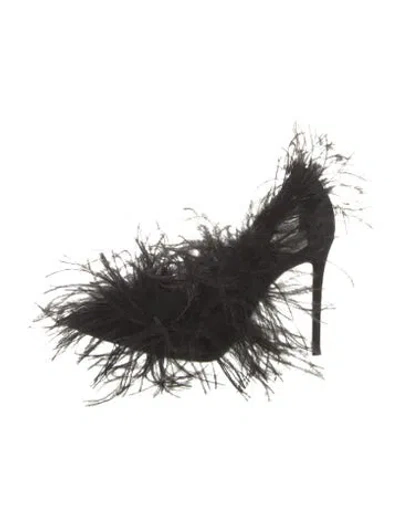 Pre-owned Gianvito Rossi Mesh Feather Trim Mules In Black