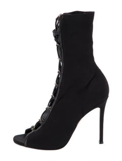Pre-owned Gianvito Rossi Mesh Leather Trim Embellishment Lace-up Boots In Black