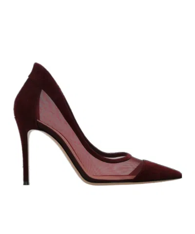 Gianvito Rossi Mesh-panelled Pointed-toe Pumps In Burgundy