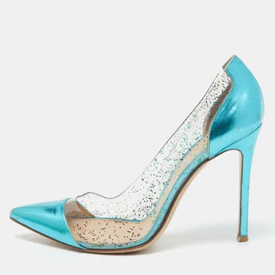 Gianvito Rossi Metallic Blue Leather And Glitter Pvc Plexi Pumps