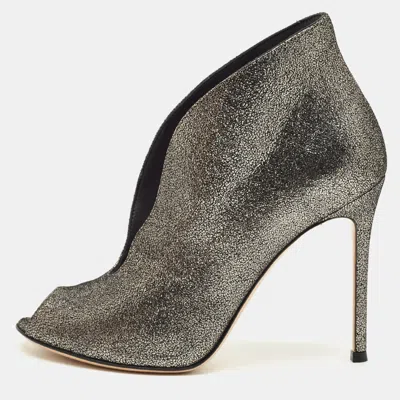 Gianvito Rossi Metallic Grey Leather Vamp Peep Toe Booties In Gray