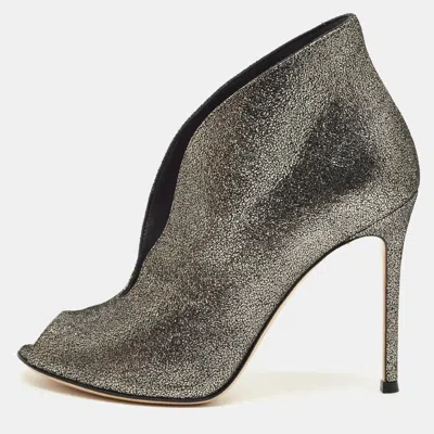 Pre-owned Gianvito Rossi Metallic Grey Leather Vamp Peep Toe Booties Size 37.5 In Gray