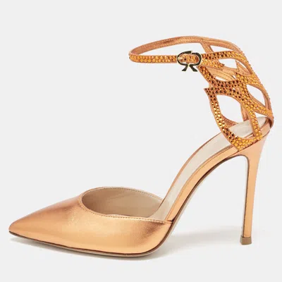 Pre-owned Gianvito Rossi Metallic Orange Leather Fleur Sandals Size 35.5