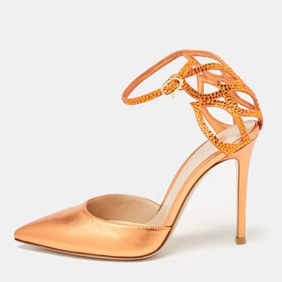 Pre-owned Gianvito Rossi Metallic Orange Leather Fleur Sandals Size 37