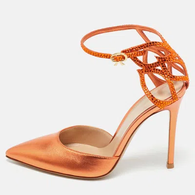 Pre-owned Gianvito Rossi Metallic Orange Leather Fleur Sandals Size 37