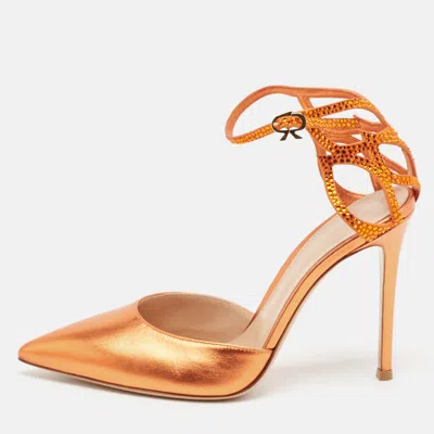 Pre-owned Gianvito Rossi Metallic Orange Leather Fleur Sandals Size 39