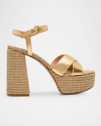 GIANVITO ROSSI METALLIC RAFFIA CRISSCROSS PLATFORM SANDALS