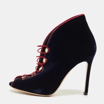 Pre-owned Gianvito Rossi Miral Size 35.5 Navy Blue Velvet Lace Up Ankle Booties