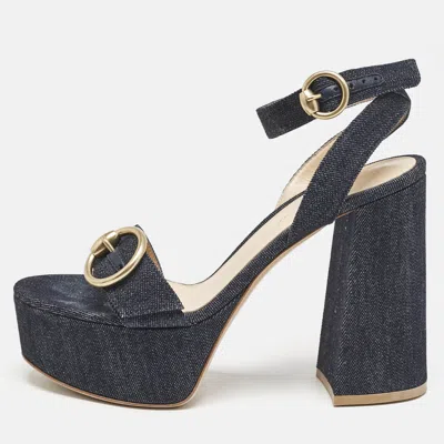 Pre-owned Gianvito Rossi Navy Blue Denim Zandra Platform Sandals Size 37