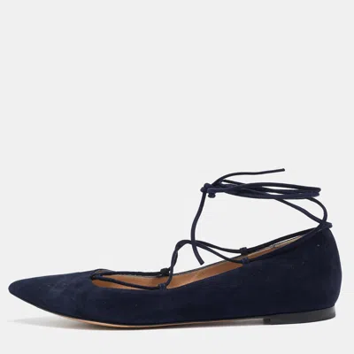 Pre-owned Gianvito Rossi Navy Blue Suede Femi Ankle Tie Ballet Flats Size 39.5