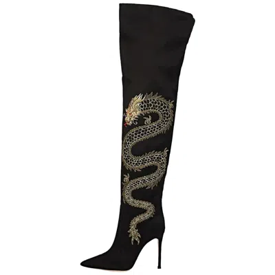 Pre-owned Gianvito Rossi New  Embroidered Dragon Cuissard Over Knee Boots It. 35.5 - 5.5 In Black