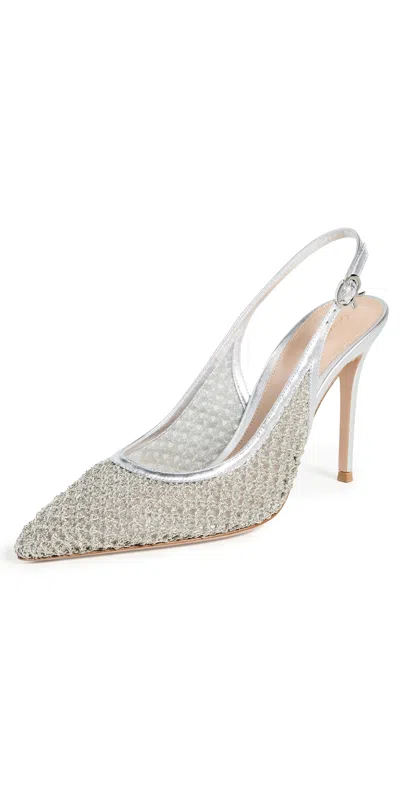 Gianvito Rossi Itaca 95 Metallic Leather-trimmed Embellished Mesh Slingback Pumps In Silver