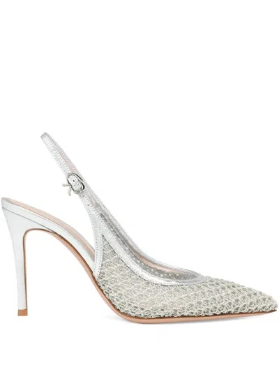 Gianvito Rossi Itaca 95 Metallic Leather-trimmed Embellished Mesh Slingback Pumps In Silver
