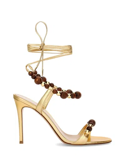 Gianvito Rossi 95mm Beaded Metallic Nappa Leather Ankle-tie Sandals In Brown