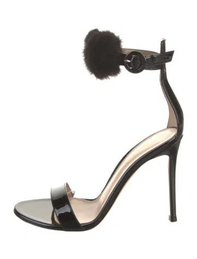 Pre-owned Gianvito Rossi Patent Leather Fur Trim Sandals In Black