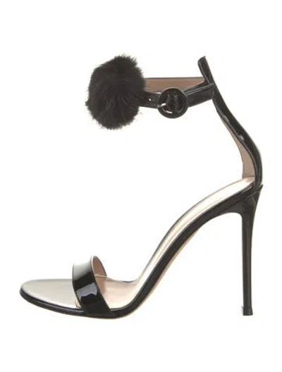 Pre-owned Gianvito Rossi Patent Leather Fur Trim Sandals In Black
