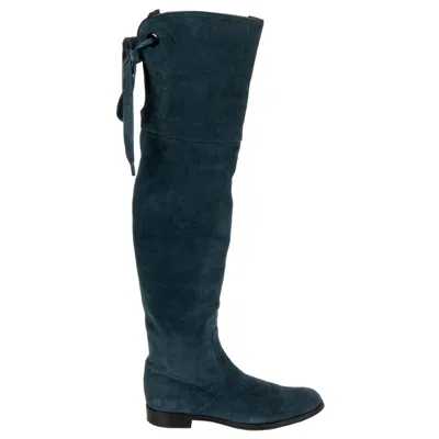 Pre-owned Gianvito Rossi Petrol Blue Suede Over Knee Crusader Boots Shoes 37