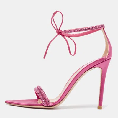 Pre-owned Gianvito Rossi Pink Satin Embellished Montecarlo Sandals Size 35