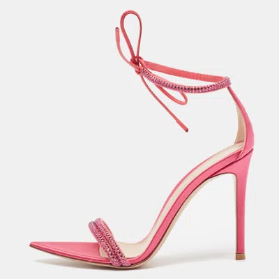 Pre-owned Gianvito Rossi Pink Satin Embellished Montecarlo Sandals Size 35.5