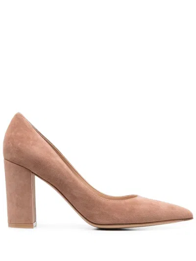 Gianvito Rossi Piper Suede Court Shoes With Almond Toe And High Block Heel In Brown