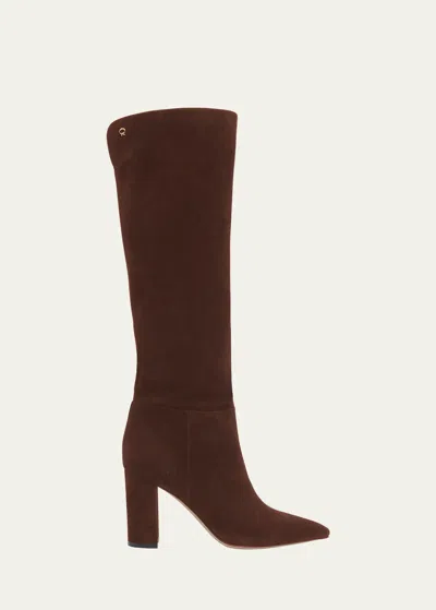 Gianvito Rossi Piper Suede Block-heel Knee Boots In Brown