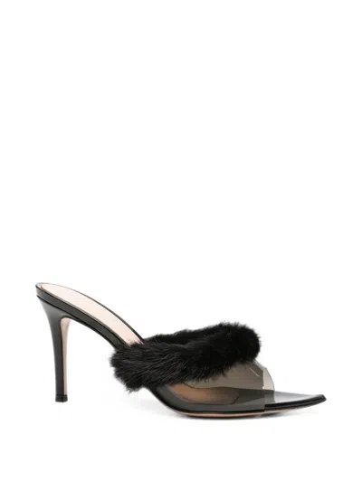 Gianvito Rossi Plexi Feather-trim Pointed-toe Heeled Sandals In Black