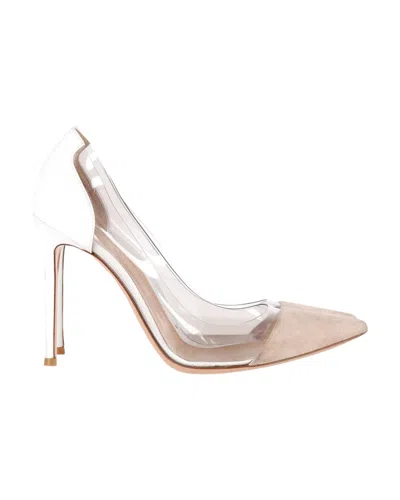 Gianvito Rossi Plexi Pointed Toe Pumps In White Leather