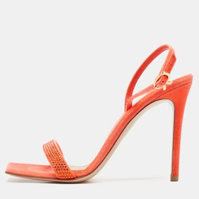 Pre-owned Gianvito Rossi Poppy Red Velvet Embellished Britney Sandals Size 38.5