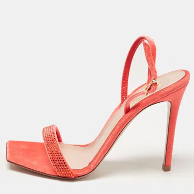 Pre-owned Gianvito Rossi Poppy Red Velvet Embellished Britney Sandals Size 38.5