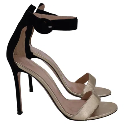 Pre-owned Gianvito Rossi Portofino Ankle-strap Sandals In Gold And Black Leather And Suede