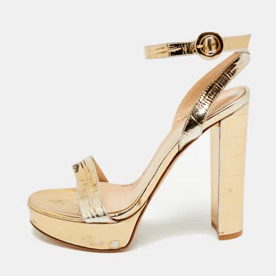 Pre-owned Gianvito Rossi Portofino Size 36.5 Gold Croc Embossed Leather Ankle Strap Sandals
