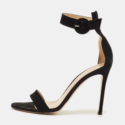 Pre-owned Gianvito Rossi Portofino Size 37 Black Suede Ankle Strap Sandals