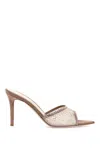 GIANVITO ROSSI NEUTRAL SILK FLAT SANDALS WITH CRYSTALS AND LEATHER DETAILS