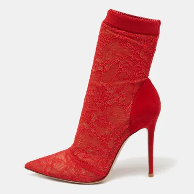 Pre-owned Gianvito Rossi Red Lace And Suede Pointed Ankle Booties Size 39
