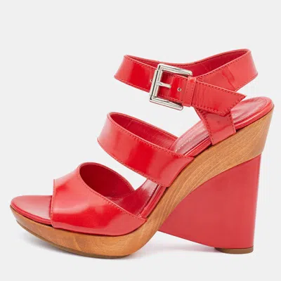 Pre-owned Gianvito Rossi Red Leather Wedge Strappy Sandals Size 37.5