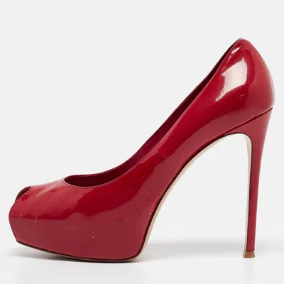 Pre-owned Gianvito Rossi Red Patent Leather Peep Toe Pumps Size 39.5