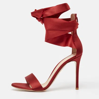 Pre-owned Gianvito Rossi Red Satin Gala Ankle Wrap Sandals Size 38.5