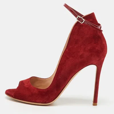 Pre-owned Gianvito Rossi Red Suede Open Toe Ankle Strap Pumps Size 38