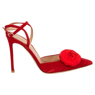 Pre-owned Gianvito Rossi Red Suede Satin Rose Ankle Strap Pumps Shoes 37