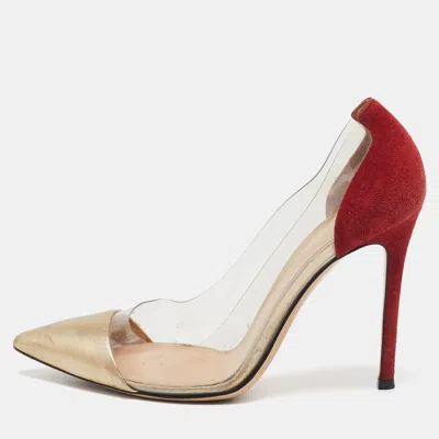 Pre-owned Gianvito Rossi Red/gold Pvc And Suede Plexi Pumps Size 37