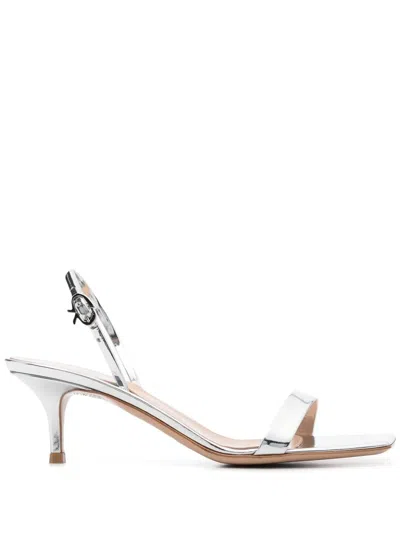 Gianvito Rossi Ribbon Kitten Mirrored-leather Slingback Sandals In Silver