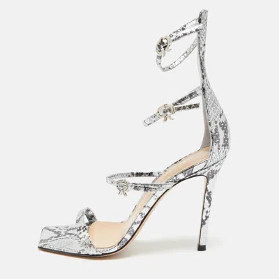 Pre-owned Gianvito Rossi Ribbon Uptown Size 38 Silver/black Snakeskin Embossed Leather Ankle Strap Sandals