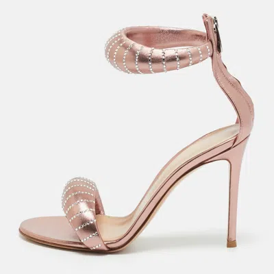 Pre-owned Gianvito Rossi Rose Gold Leather Crystal Embellished Bijoux Sandals Size 38.5 In Pink