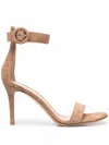 Gianvito Rossi Suede Open Round Toe Sleek Shape Buckled Ankle Strap Logo-printed Insole Very Thin Sole Stiletto Hee In Beige