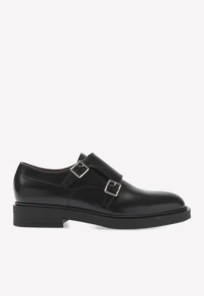 Gianvito Rossi Scott Double Mock Straps Leather Shoes In Black