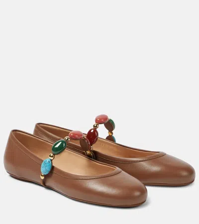 Gianvito Rossi Shanti Embellished Leather Mary Jane Ballet Flats In Brown