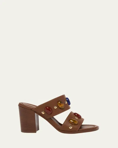 Gianvito Rossi Shanti Jeweled Dual-band Slide Sandals In Cuoio