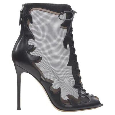 Gianvito Rossi Sheer Leather Lace Up Ankle Bootie In Black
